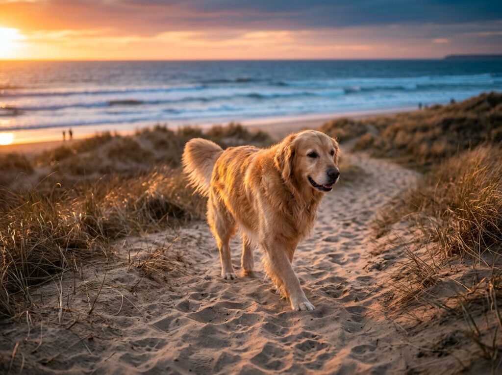 dog walking on sandy path 202608040010