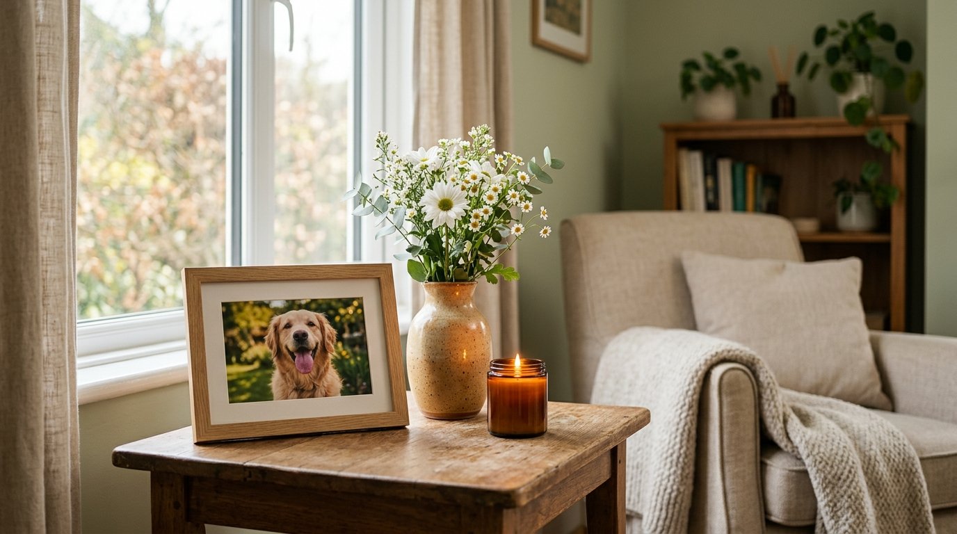 Foto enmarcada de perro en mesa de centro con flores y vela