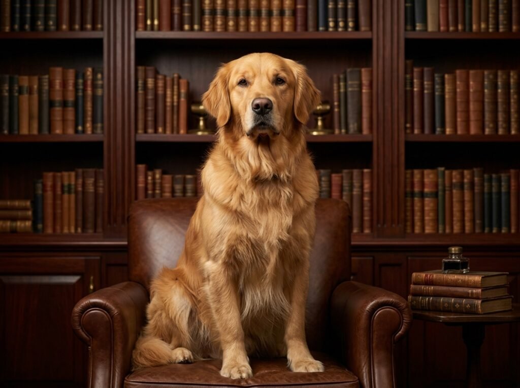 golden retriever sitting bookshelf 202608040005