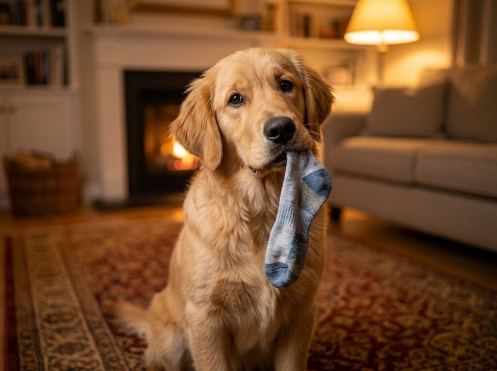 golden retriever with sock 202608032355