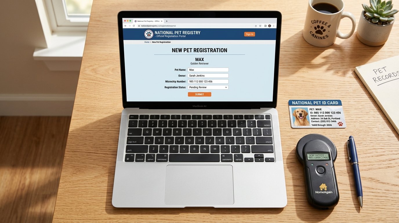 Portatil con formulario de registro de microchip de mascota