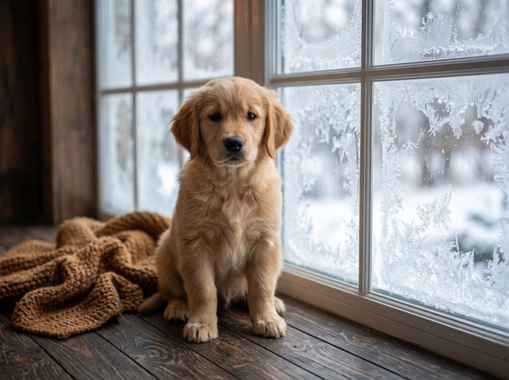 puppy sitting near frosty window 202608032342
