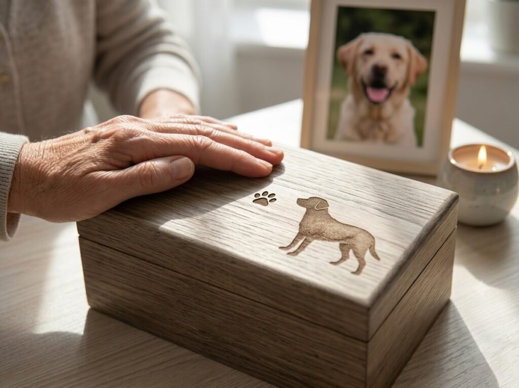 Mujer tocando la caja donde guarda fotos de su perro