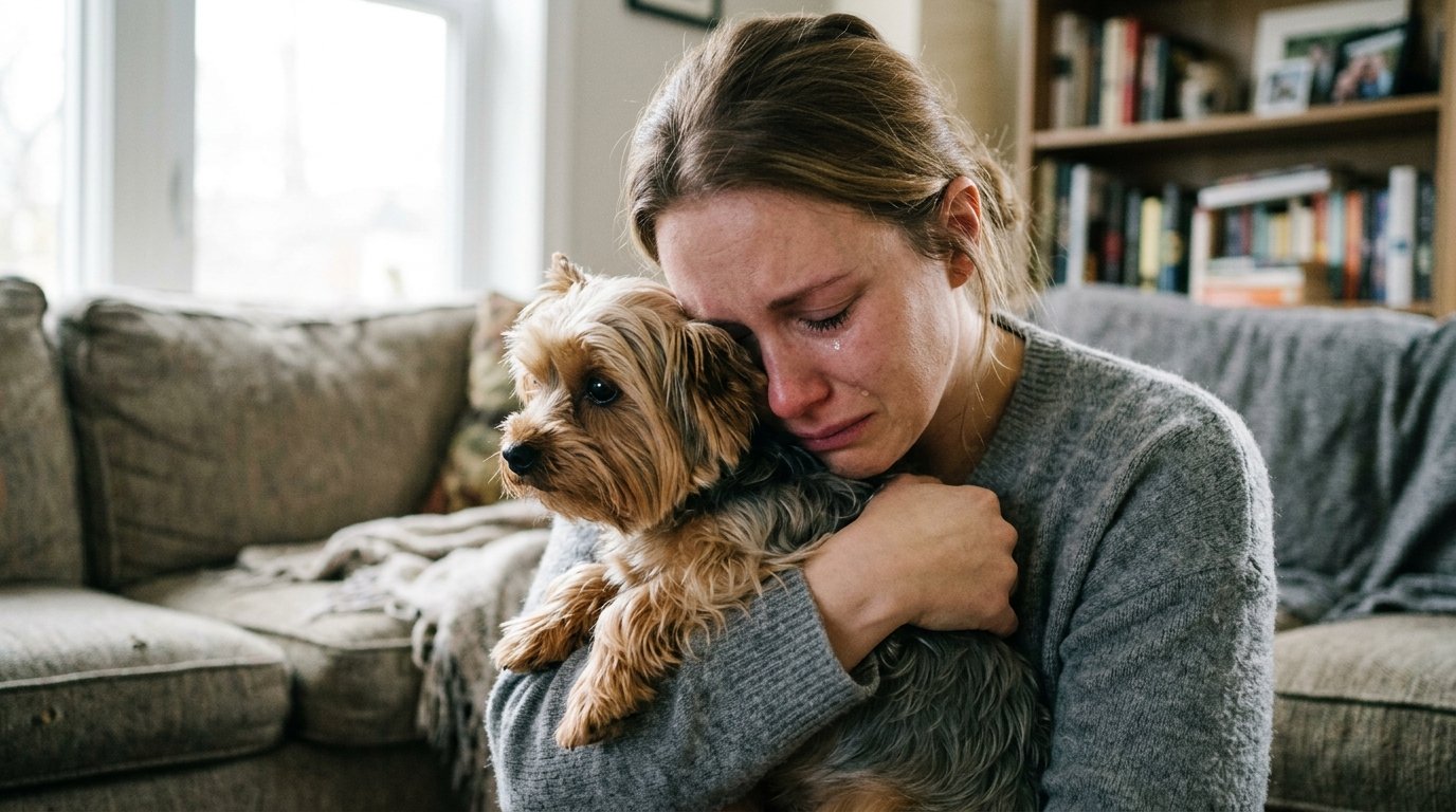 Mujer llorando tras la pérdida de su perro