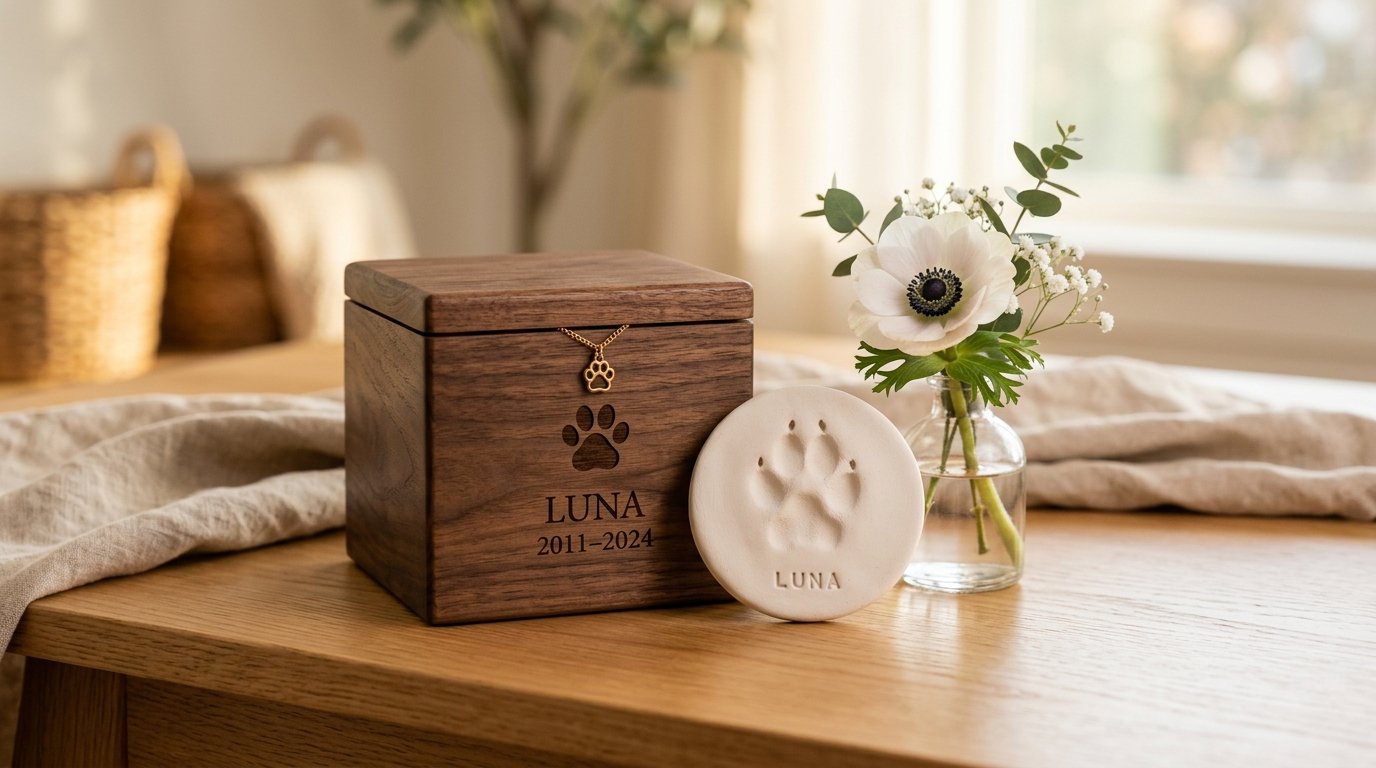 Urna de madera para cenizas de mascota con huella