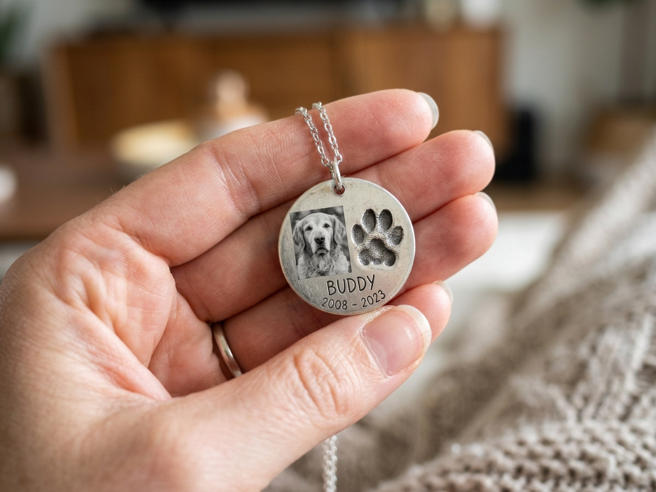 Joya conmemorativa con foto en recuerdo de un perro fallecido