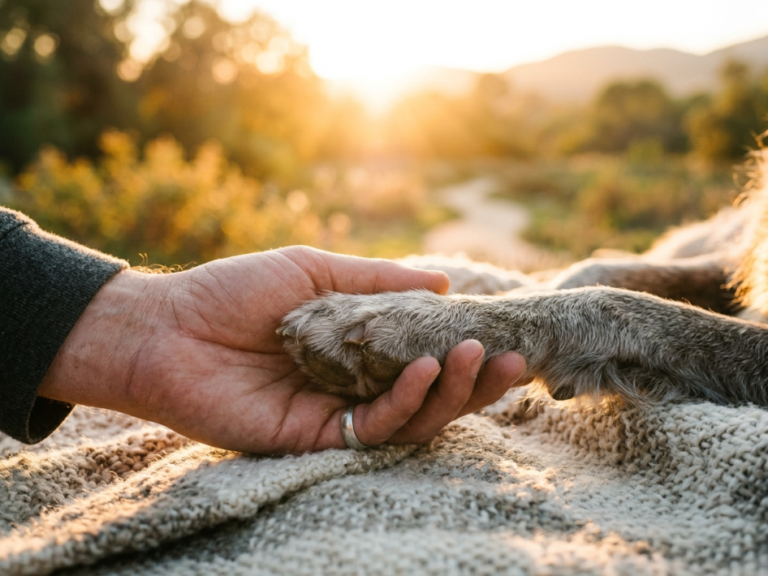 Persona sosteniendo la pata de su mascota en un ambiente cálido y sereno durante una despedida con amor