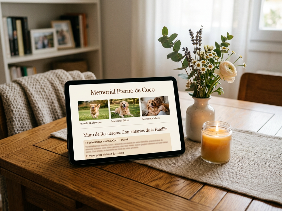 Interfaz de memorial digital para mascota en una tableta junto a una vela