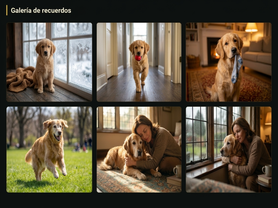 Galería de recuerdos interactiva con una selección de fotografías emotivas de un perro golden retriever en diferentes momentos de su vida junto a su familia.