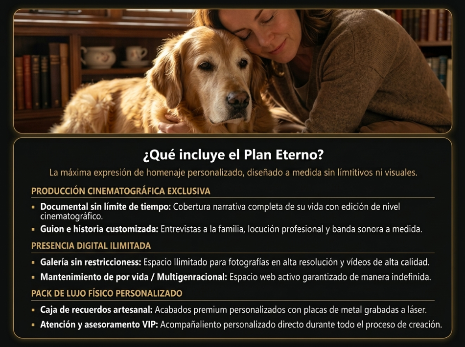 Infografía detallando el Plan Eterno de homenajes personalizados para mascotas, mostrando a una mujer abrazando cariñosamente a su perro junto con las características exclusivas del servicio.
