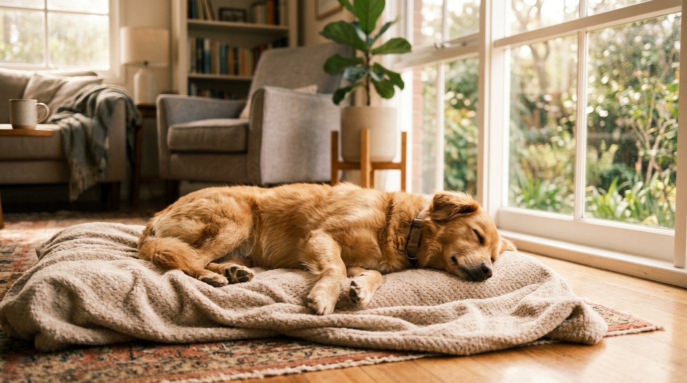 Mascota descansando tranquilamente en el hogar con luz cálida